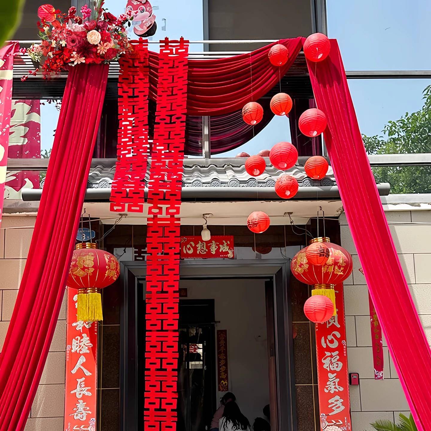 农村自结庭院婚礼场景布置建房大F9969J99门婚房装饰布婚幔挂喜灯