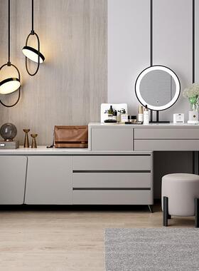 岩UXE实木物梳妆台收纳一体六板斗储桌边柜飘窗转角化妆智能镜化