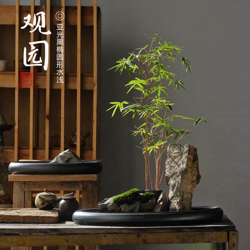 陶瓷黑色大口径浅拼盘米竹菖蒲多肉古典造景枯山水景酒店桌面花盆