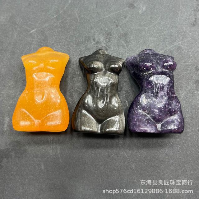 天然彩色水晶原石雕刻女模摆件黑曜石女神雕像工艺品