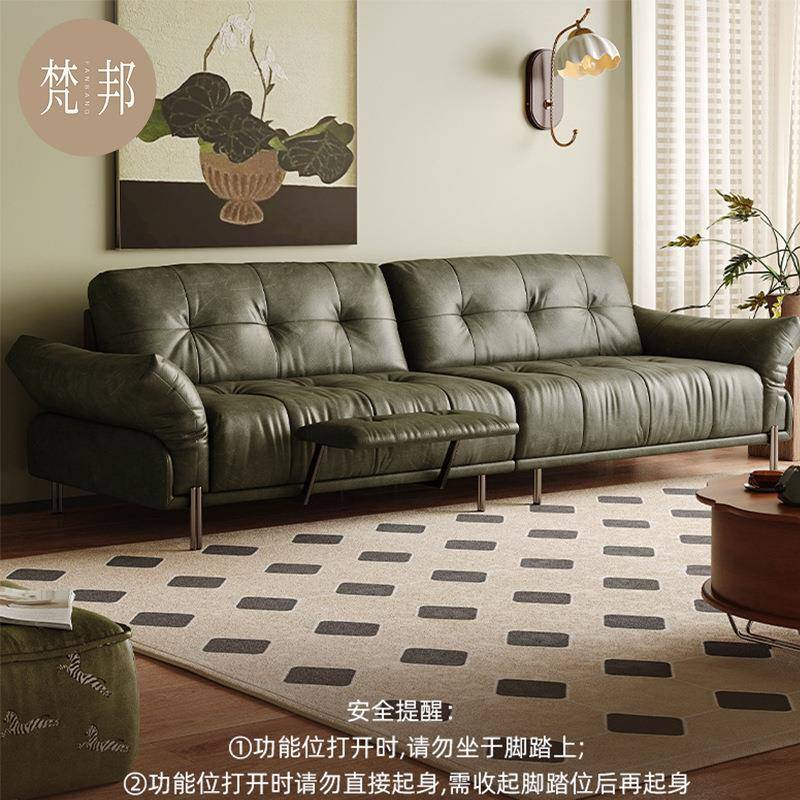 青山晓法式复古油蜡皮电动功能真皮深绿色新款可调节扶手沙发
