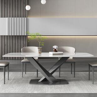 轻奢亮光用岩板餐桌长椅现HXG简约意式家小户型不锈钢高代端方形