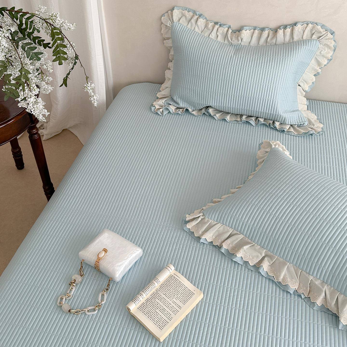 法式双层花边莱赛尔天夏丝盖季新款感床凉单绗IES缝床防滑榻榻米