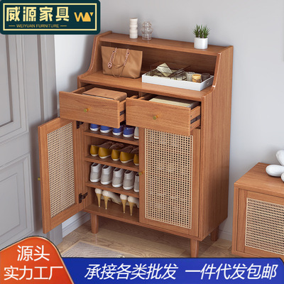 实木藤编复古玄关收纳鞋柜