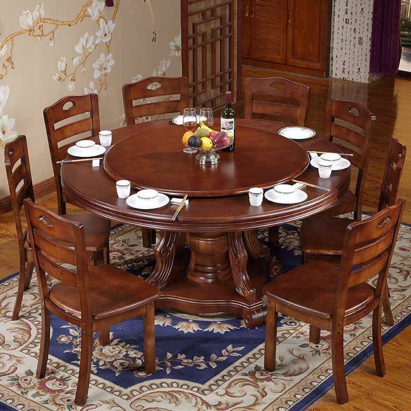 木圆形餐桌椅组合实木大圆实8人圆中式带转盘饭餐桌店餐厅10人橡