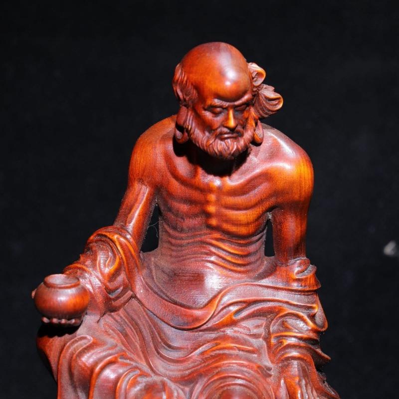 玩旧藏老黄杨木雕刻文玩自桌在达摩祖4841师复古文装工艺品饰品面