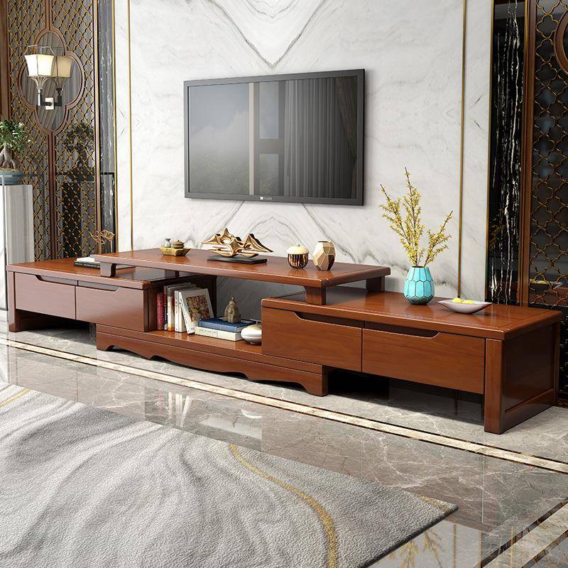 实木视电400现柜茶几组合代简约客厅小户型新中可式伸缩地柜储收