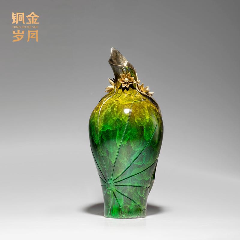 铜金岁月荷品叶花瓶铜摆雕UYI件花瓶容器铜塑装饰视玄关电柜博古