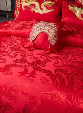 长100支纯棉绒棉套婚大庆四件套红喜庆结婚400250六件新婚床品喜