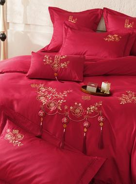 中YC9620式风婚喜被绣花结100大S长绒棉件套纯棉婚庆红色床上用四