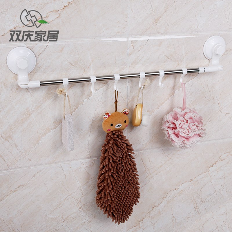 双庆家居强力吸盘六连挂钩 浴室厨房不锈钢管伸缩杆转角毛巾挂架