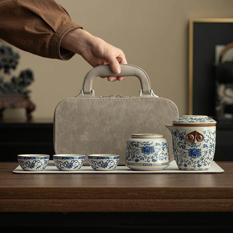 青花汝窑便携式户外茶具套装一壶三杯快客杯家用泡茶壶印制logo,纺织面料/辅料/配套,纺织机械配件,淘宝优惠券,粉丝福利购,淘宝优惠卷