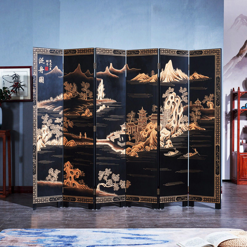 古典描金漆画屏风家居中式酒店背景画折叠屏风隔断《泛舟图》