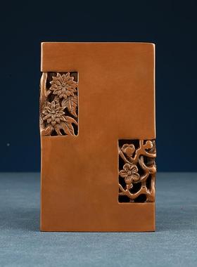 紫铜笔紫铜方竹筒梅兰竹饰菊办公居室摆件工艺家品装品方竹笔筒