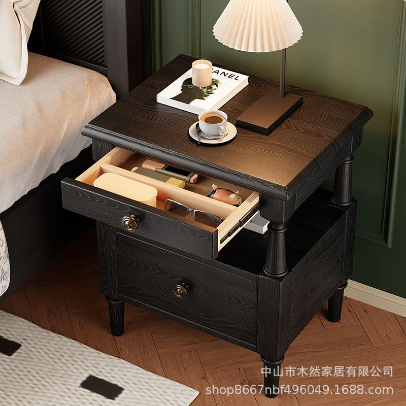 法式新款中边古风床头柜白蜡木460纳柜主卧室全实木床头收复古床