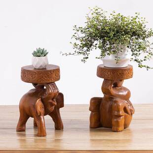 东南亚整木雕刻大象花架花盆底座盆栽桌面摆件绿植增高架子墩凳子