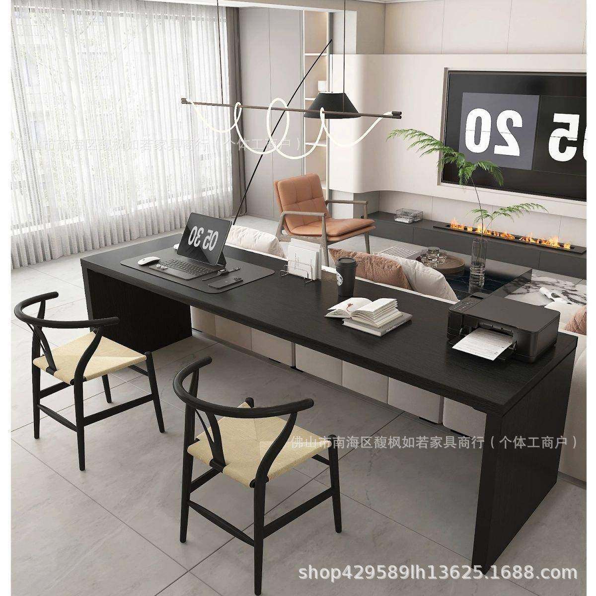 极简黑色客厅双人实木书桌家用超长沙发后靠长条桌学习写字工作台