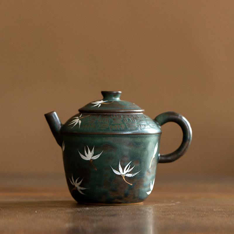 手绘兰花苍绿釉中式茶壶家用单个纯手工泡茶器复古风陶瓷手执茶壶
