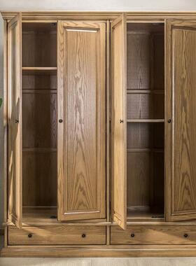 式乡村别墅全美实木白衣柜门蜡木复古原木卧室储HTV四物整体衣橱