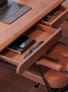 实木卧电脑桌电动升降桌中古风家室用黑胡桃木习抽屉AAI书桌学办