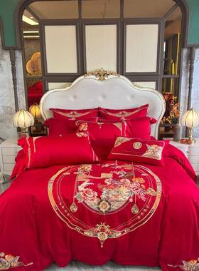 100刺支全21712棉绣套高档结婚四件套大红陪嫁新款纯棉4件婚庆喜