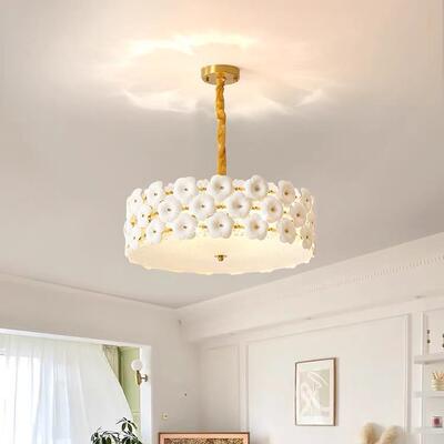 陶瓷花朵吊新灯法式奶油风氛围感大厅灯圆客形意造创型款护眼SIJ