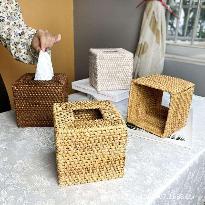 越南手工藤编纸巾盒家用办公桌客厅卫生间餐厅纸巾筒方形抽纸盒