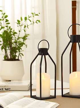 跨境客厅装饰灯笼黑色金属灯笼前廊室内装饰带LED蜡烛灯笼装饰