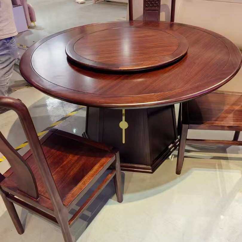 乌金木圆餐桌带转盘现代中式家用餐厅大尺寸全实木餐桌椅组合饭桌