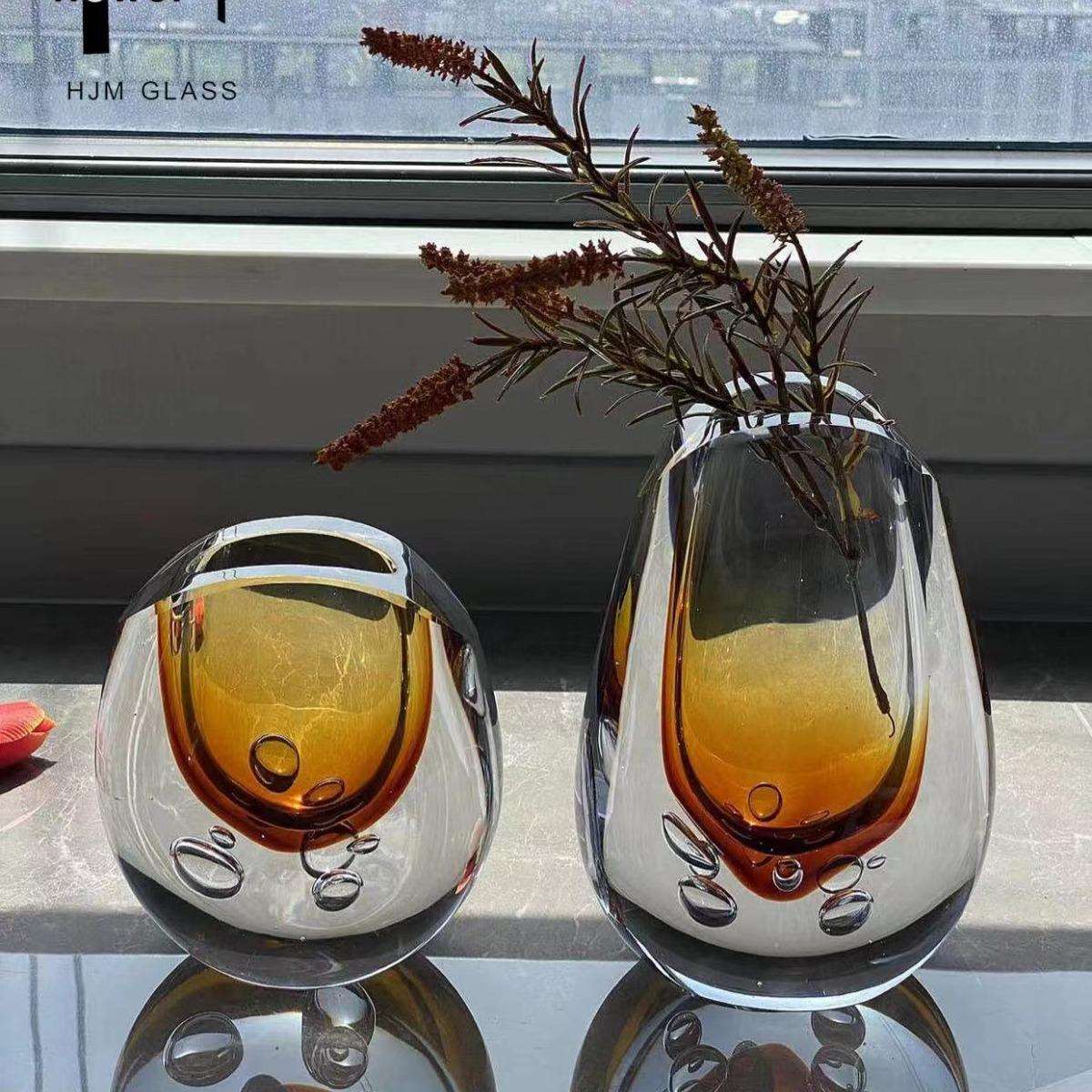 HJM-进口琉璃玻璃花瓶客厅插花器摆件轻奢客厅餐桌玄关样板间装饰