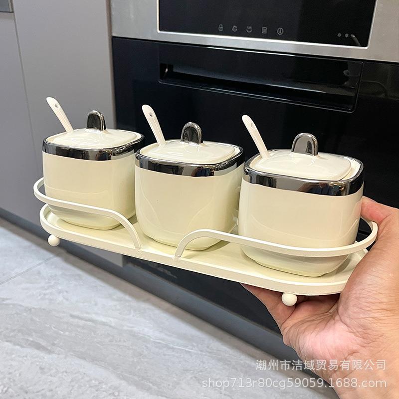 轻奢陶瓷调料盒家用厨房方形调味罐调料罐调味盒三件套四件套