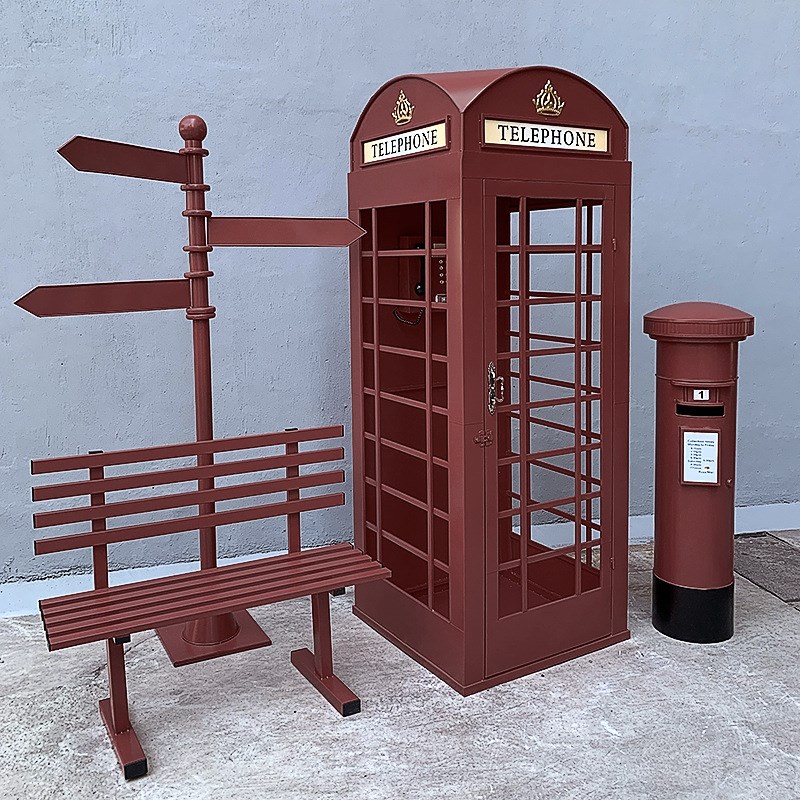 欧式复古红色电话亭大型落地组合软装道具工业风铁艺装饰摆件亭子
