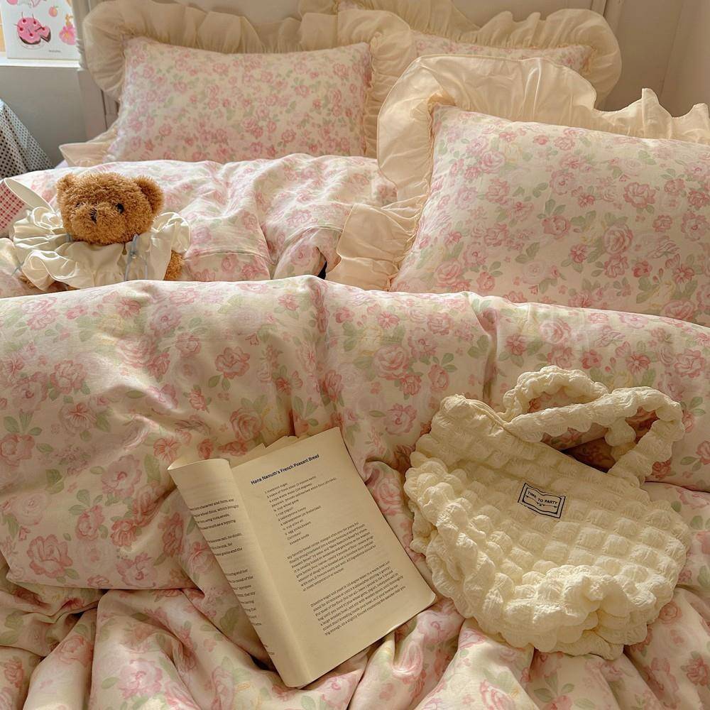 韩系碎花清A类全花棉边双层纱三新四件套轻DLS薄柔软小透气学生床