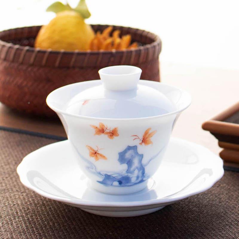 白瓷才茶碗薄景德玉瓷甜白釉釉下墨彩手彩绘三盖QFE碗大号陶瓷泡