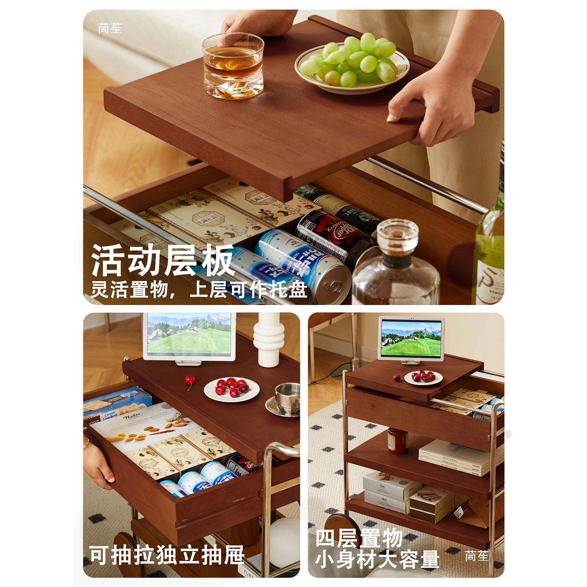 中古风可移动推物车实木边几10091018沙发卧室床头柜式置架窄茶客