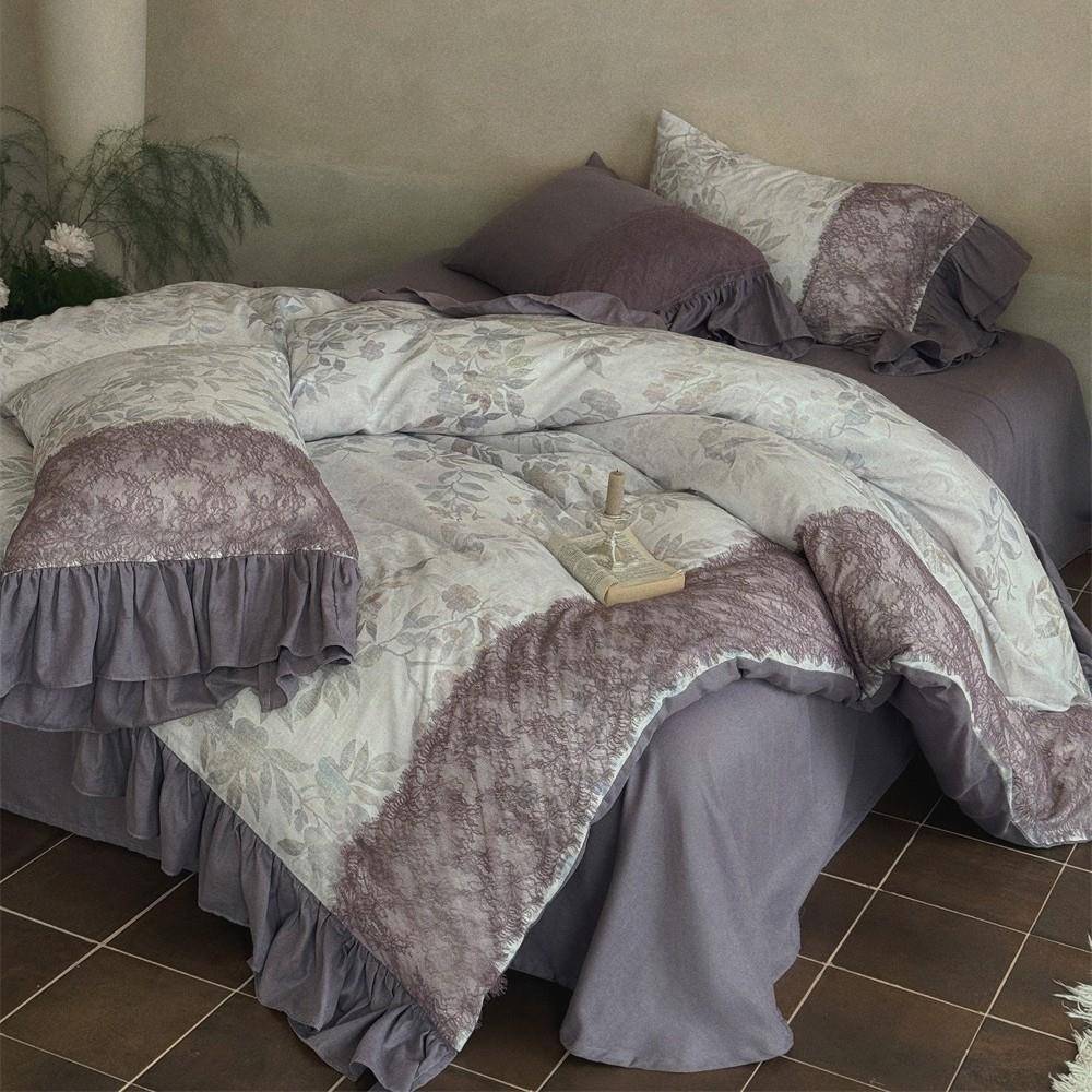 式复古风棉双层纱四件套蕾丝花边纱布被套单全1YB.8m床法上床用品