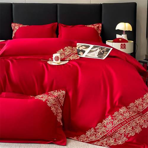 全棉长纯绒棉庆婚结SL-34四婚件套棉大红色陪嫁婚房新婚礼床上用