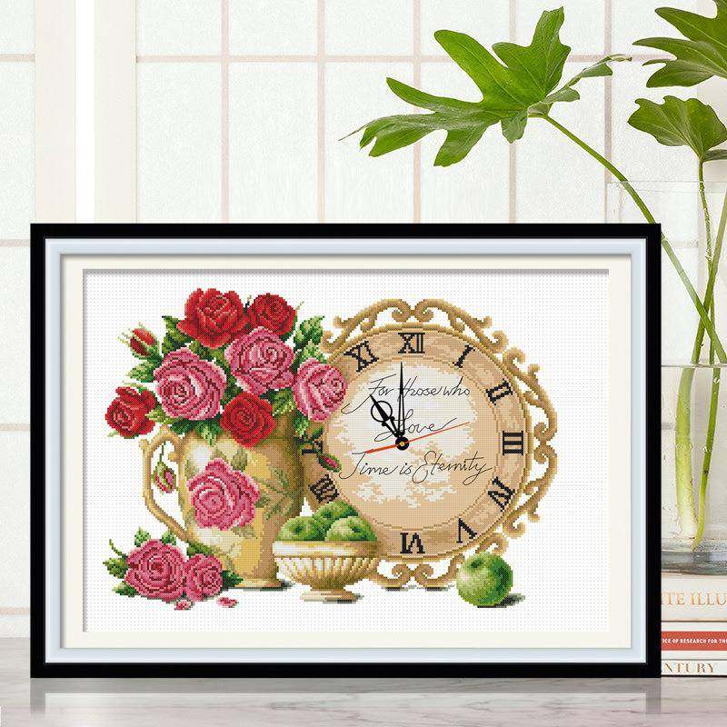 十字绣钟表欧式玫瑰花瓶客厅餐厅挂钟2019线绣新款小幅手工自己绣