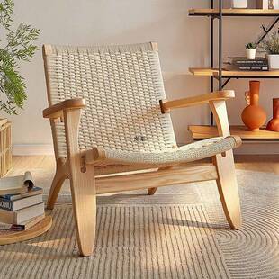阳台看书椅子休闲沙发椅阅读实木日式客厅绳编懒人家用靠背椅