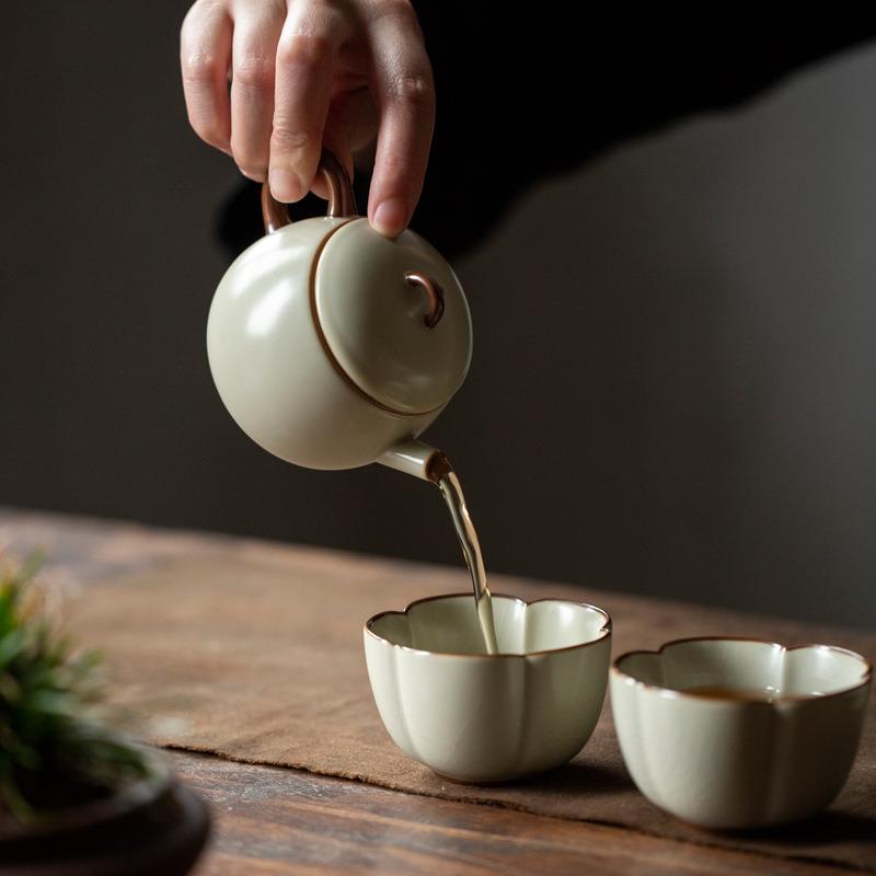 豆黄汝窑茶壶陶瓷茶具 茶壶小单个泡茶壶 家用泡红茶家用中式复古