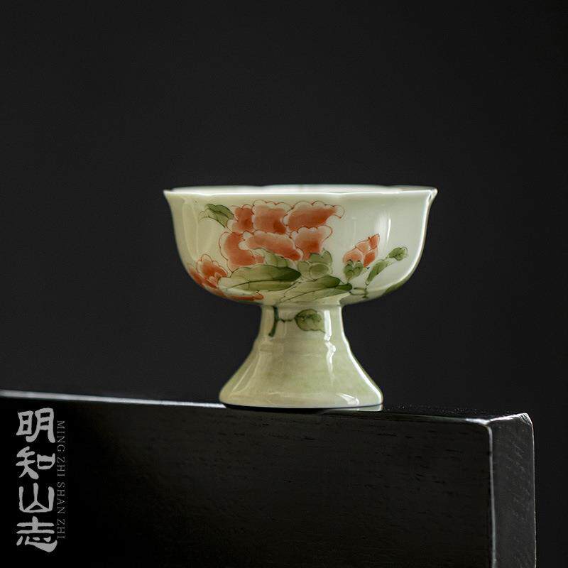 明知山志果青牡丹知心棠梨高足杯仿宋高足茶杯手绘牡丹花品茗杯