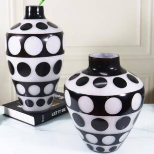 盛花欧式小口径玻璃花瓶复古黑白波点大肚子花瓶磨砂吹制插花器