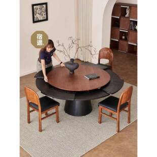 星盘圆桌旋转伸缩变形中古风用10人圆形弗莱彻全实木餐桌椅