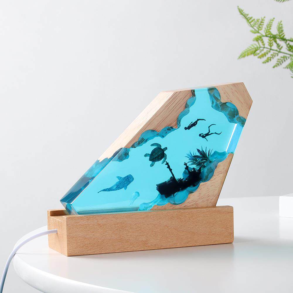 文创潮玩展创意海洋树脂灯摆件微景观水晶小夜灯手工创意实木树脂