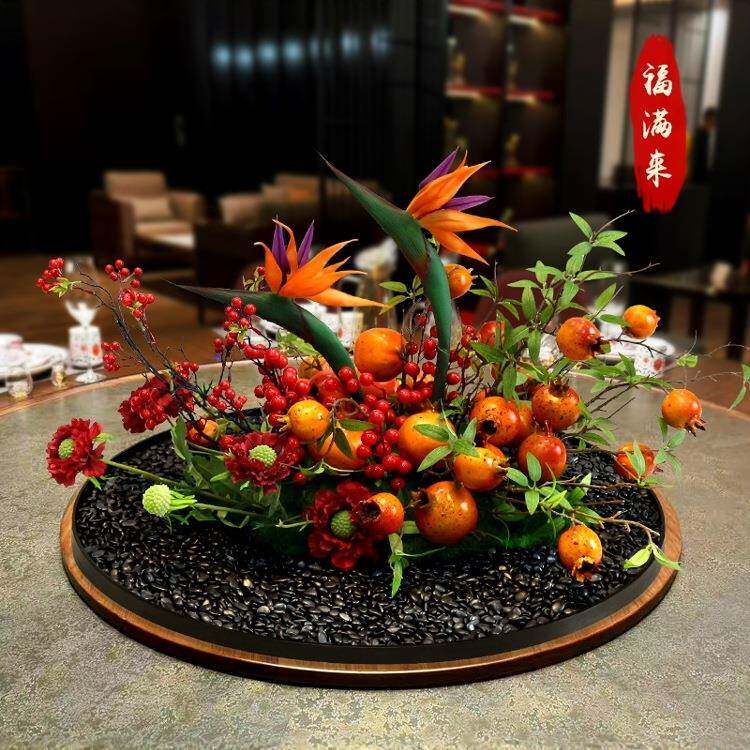 酒店大圆桌中间摆花假花电动转盘装饰品摆件包厢餐桌景观桌花