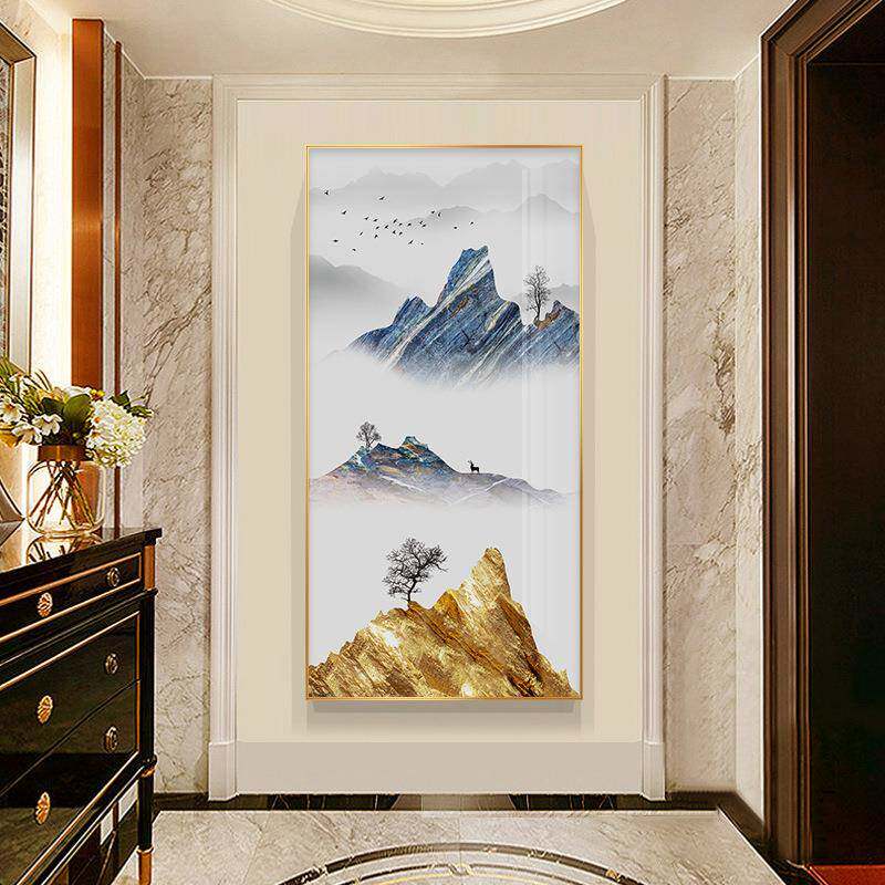手绘新中式客厅装饰画现代简约金箔抽象山水油画玄关走廊装饰画