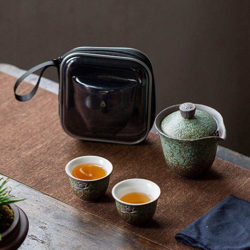 1中式复古莲韵快客杯粗陶窑变旅行茶具一壶两杯便携旅行茶具套装