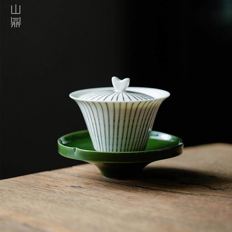 山鼎手绘竖纹三才盖碗家用创意茶碗家用单个泡茶杯功夫陶瓷茶碗具