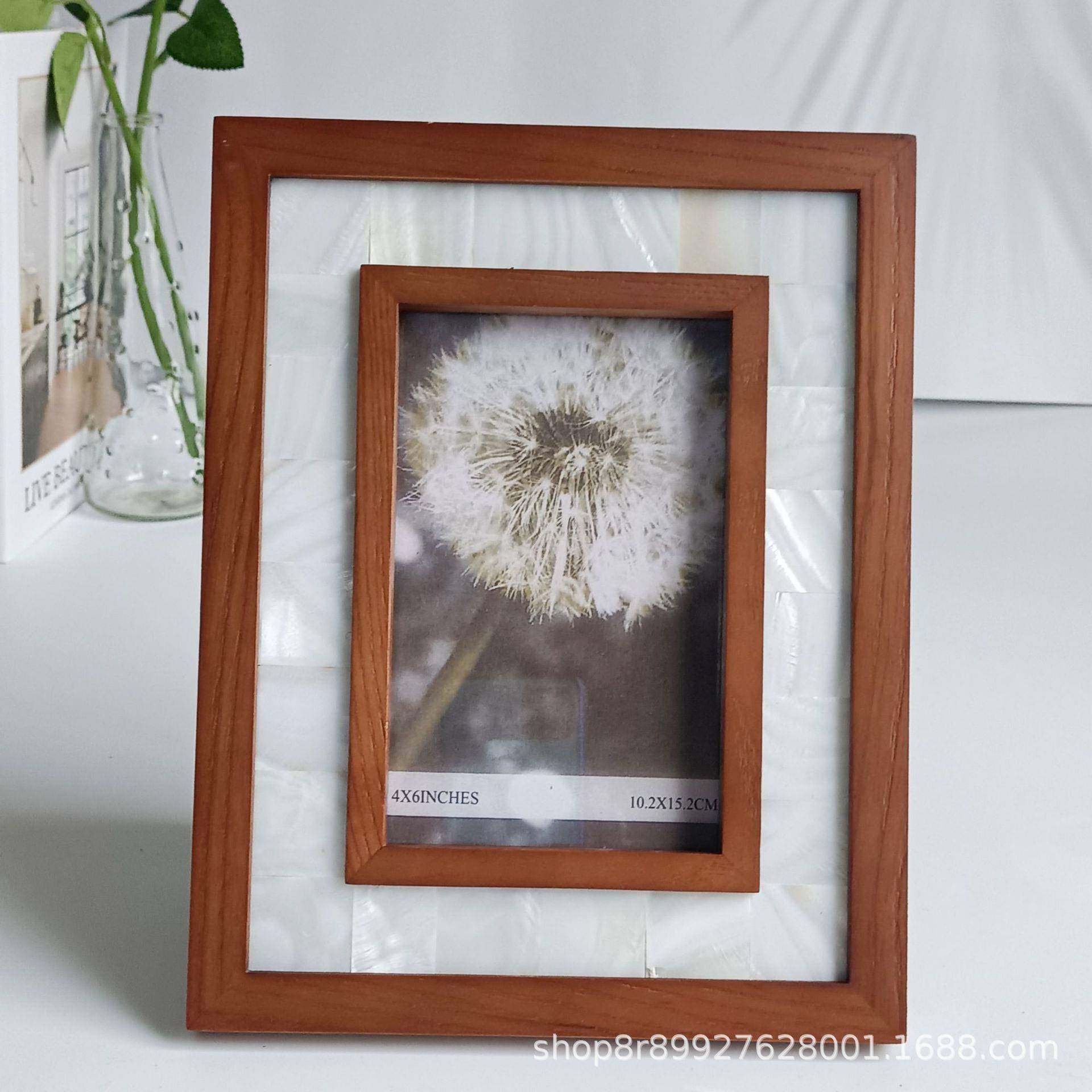 水曲柳实木镶嵌天然白贝横式竖式相框摆台，简约实木边框镶贝壳