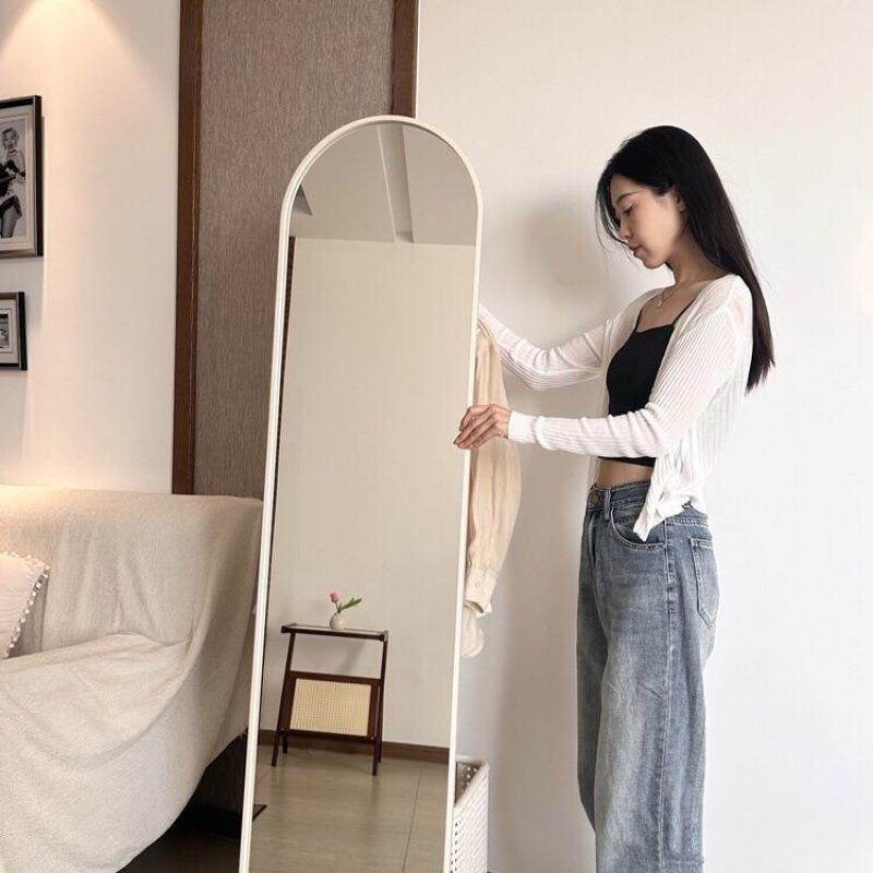 奶油风一体镜子卧室试衣镜落地镜全身镜旋转穿衣镜挂衣架衣帽架